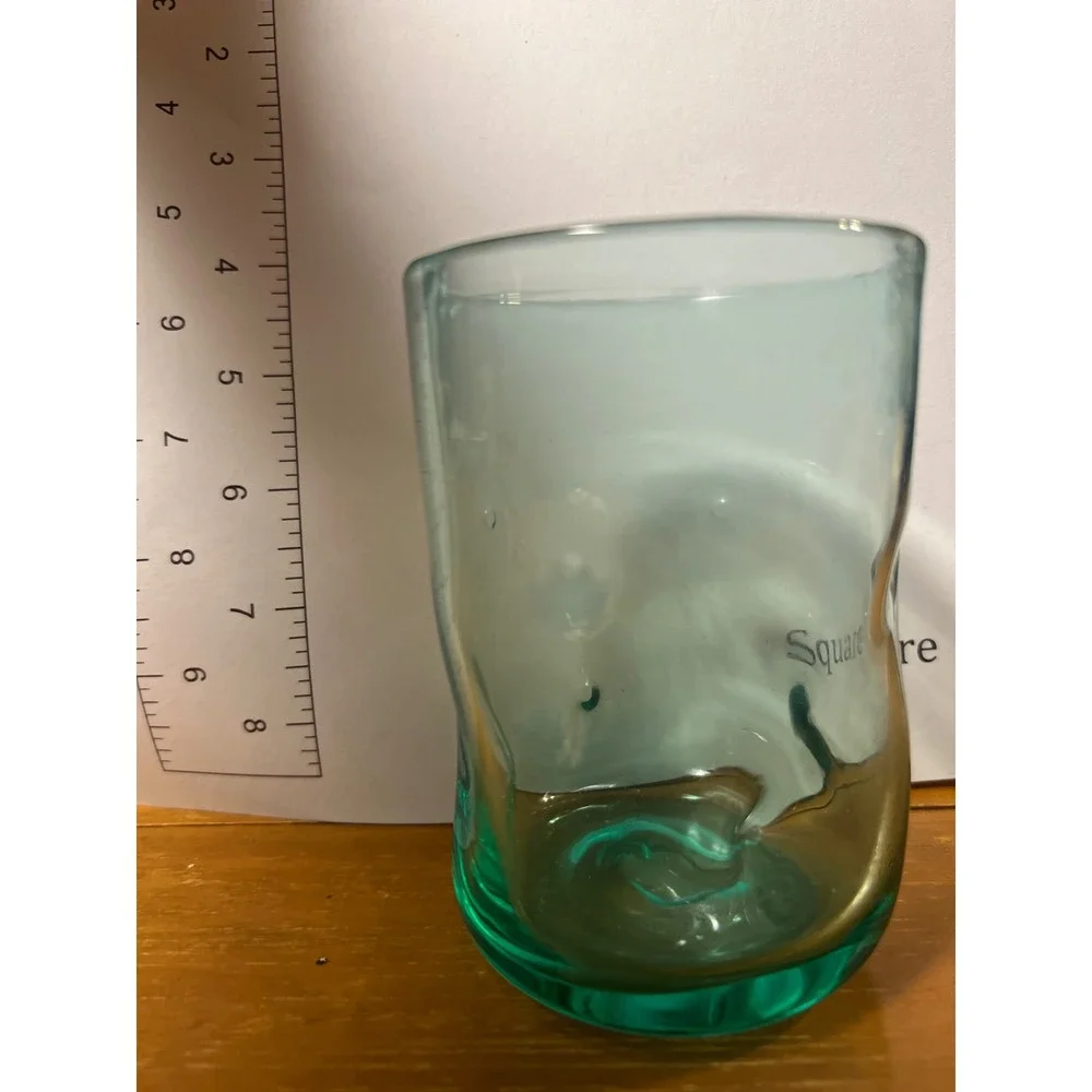 Hand Blown Aqua Teal Art Glass Tumbler Wavy‎ Thumbprint Juice Water Glass 4.5